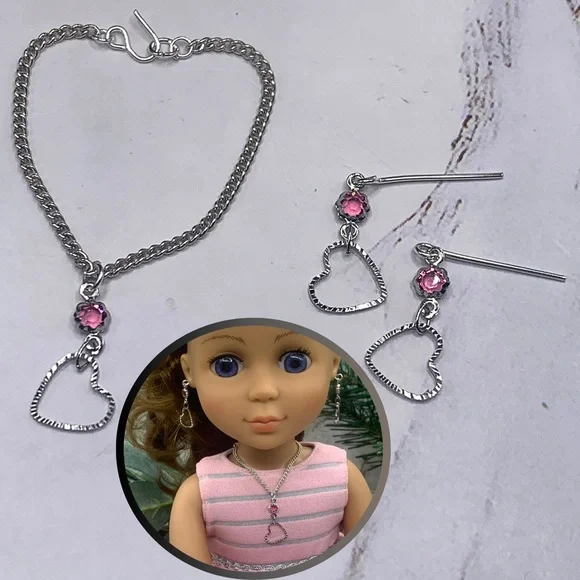 Silver Heart Pink Crystal Silver Doll Necklace Earring Set 14” Wellie Wisher 5/1 - Picture 2 of 15